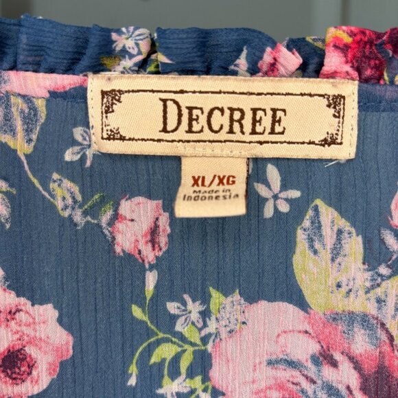 DECREE Peasant Scoop Neck Crepe Blouse Women XL Floral Teal Pink 3/4 Sleeve Boho - Picture 9 of 9